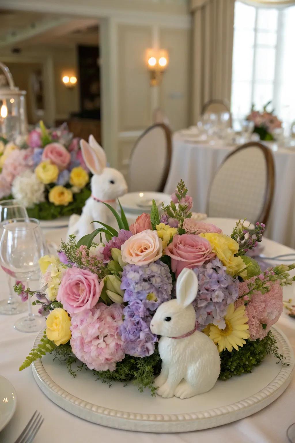 Botanical bunny table centerpieces introduce charm to the table arrangement.