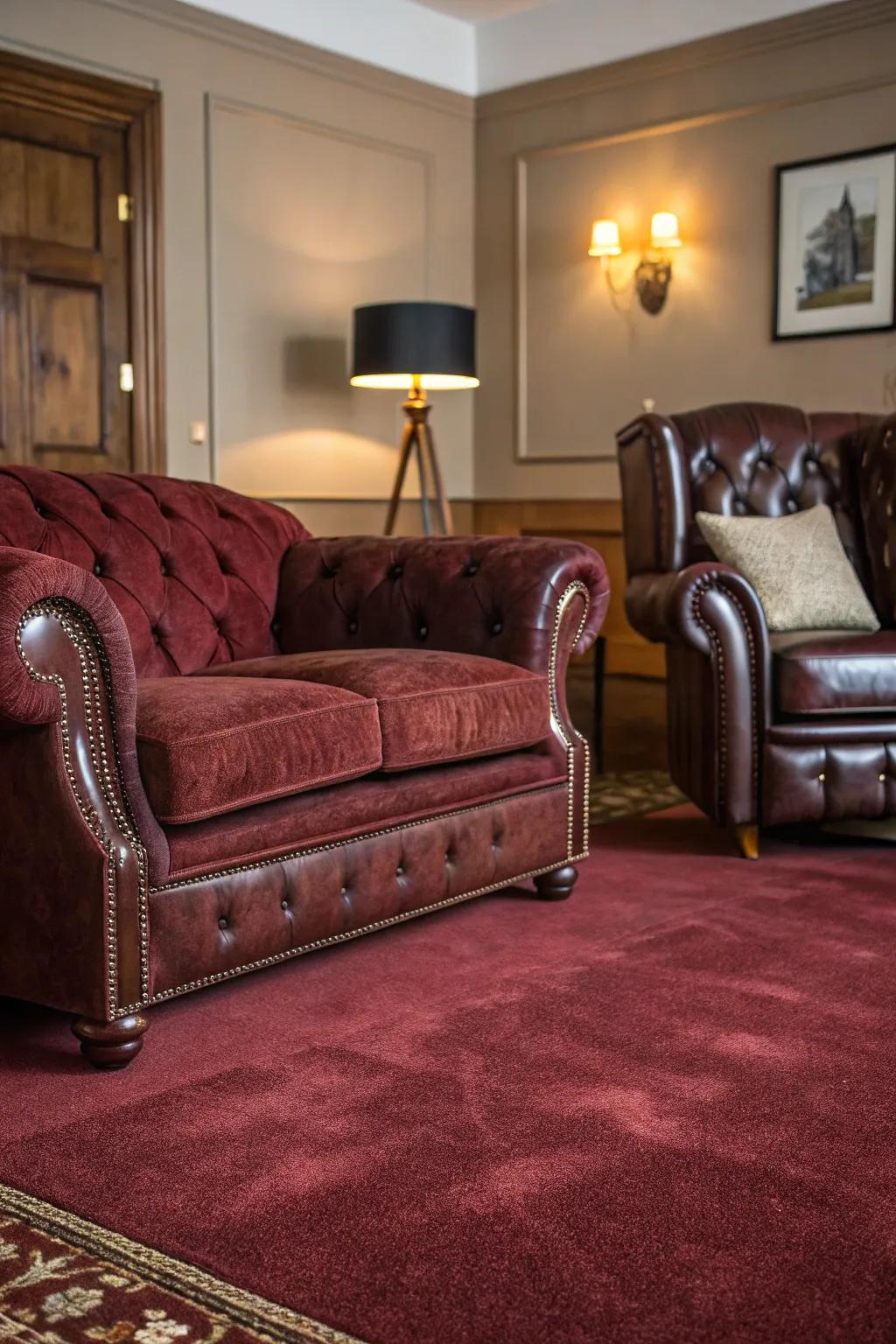 A mix of textures utilizing silk and tanned leather complements the vibrant claret floor covering.