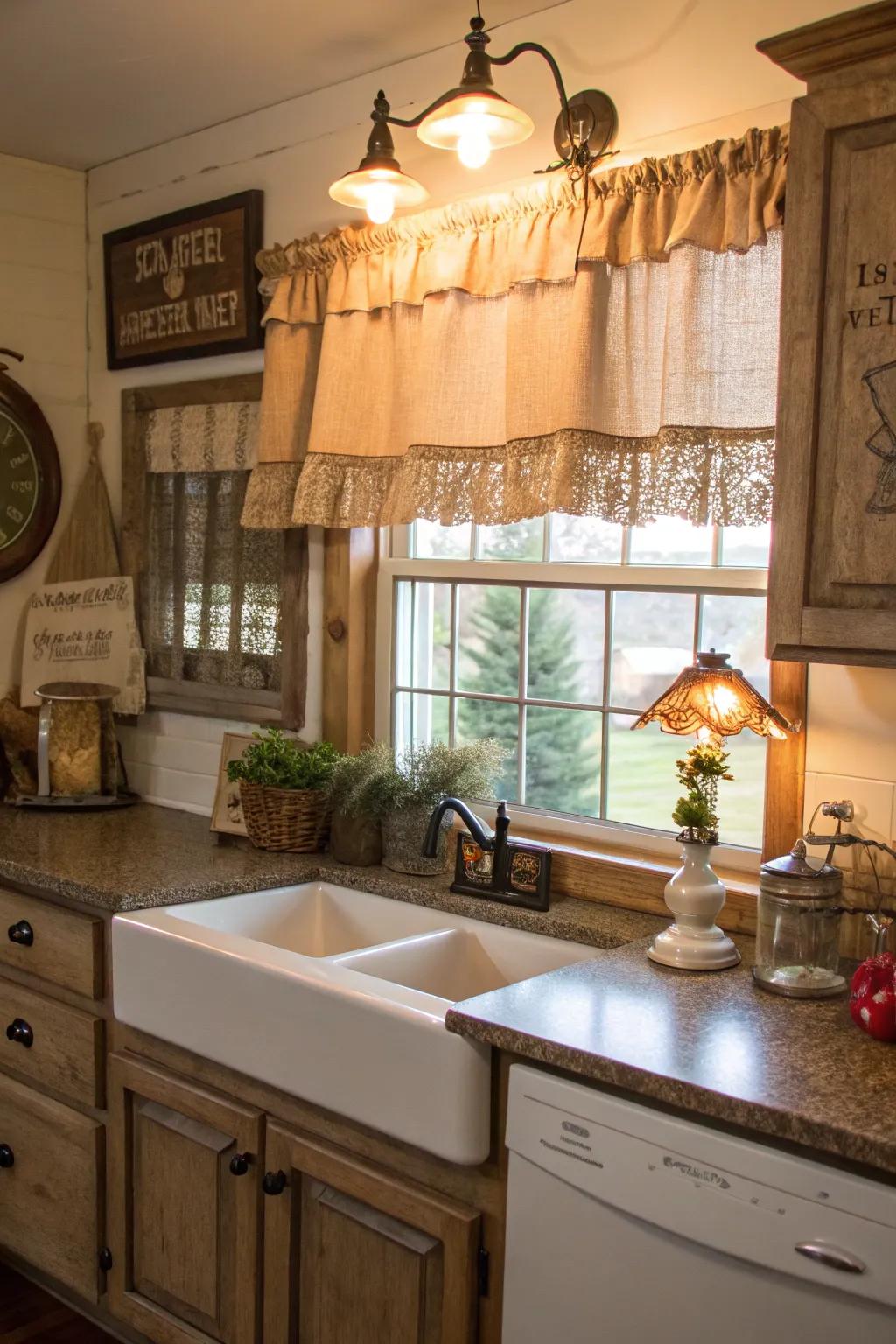 A sackcloth swag in the kitchen brings rustic warmth.