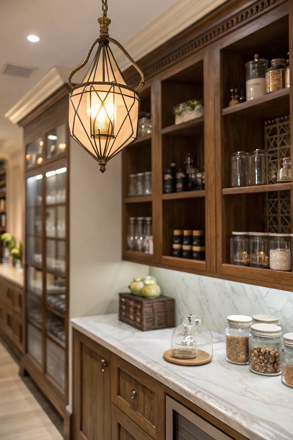A stylish butler's pantry enriched with a vintage pendant light enhancing the ambiance.