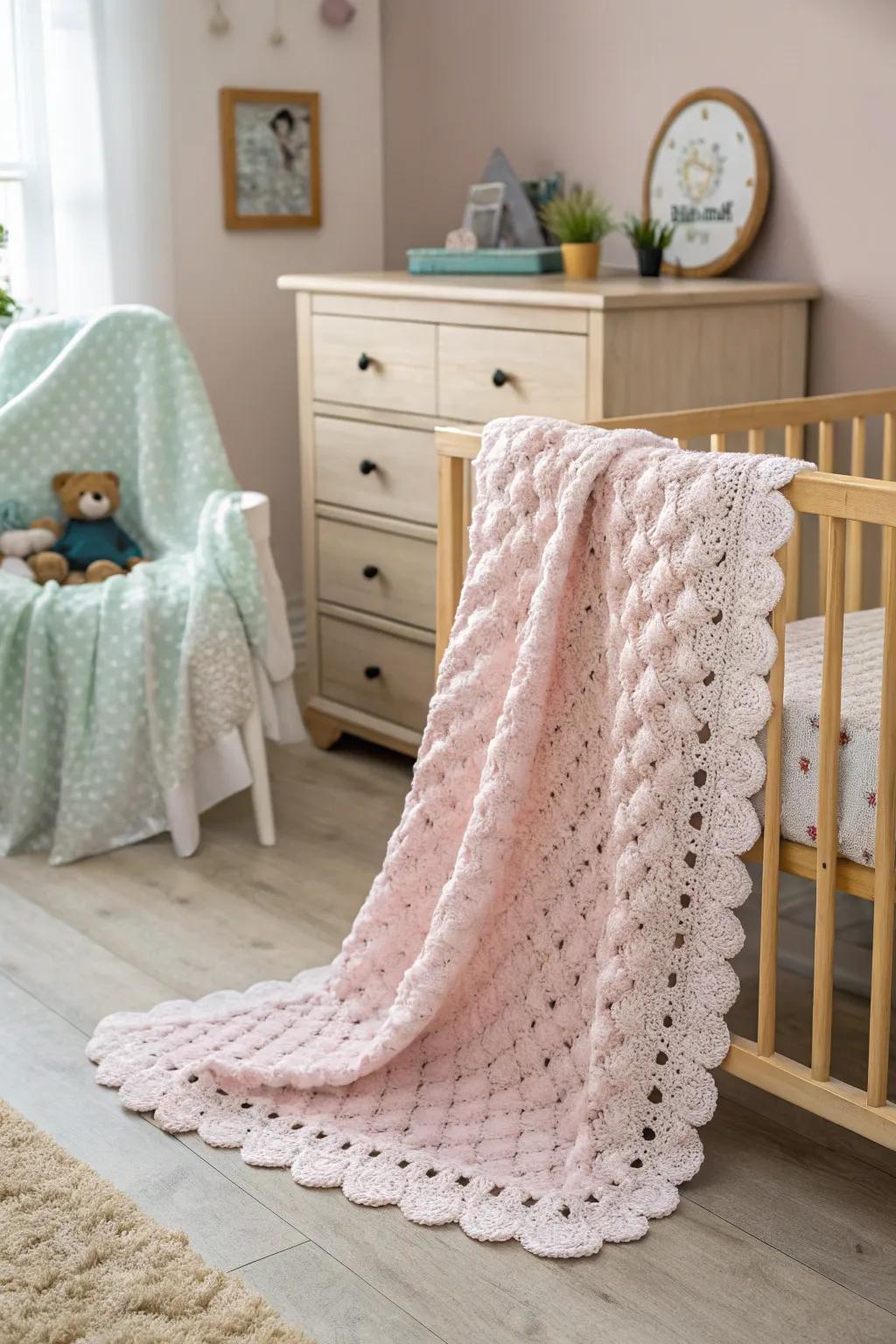 A scalloped edge contributes a whimsical feel to this nursery blanket.