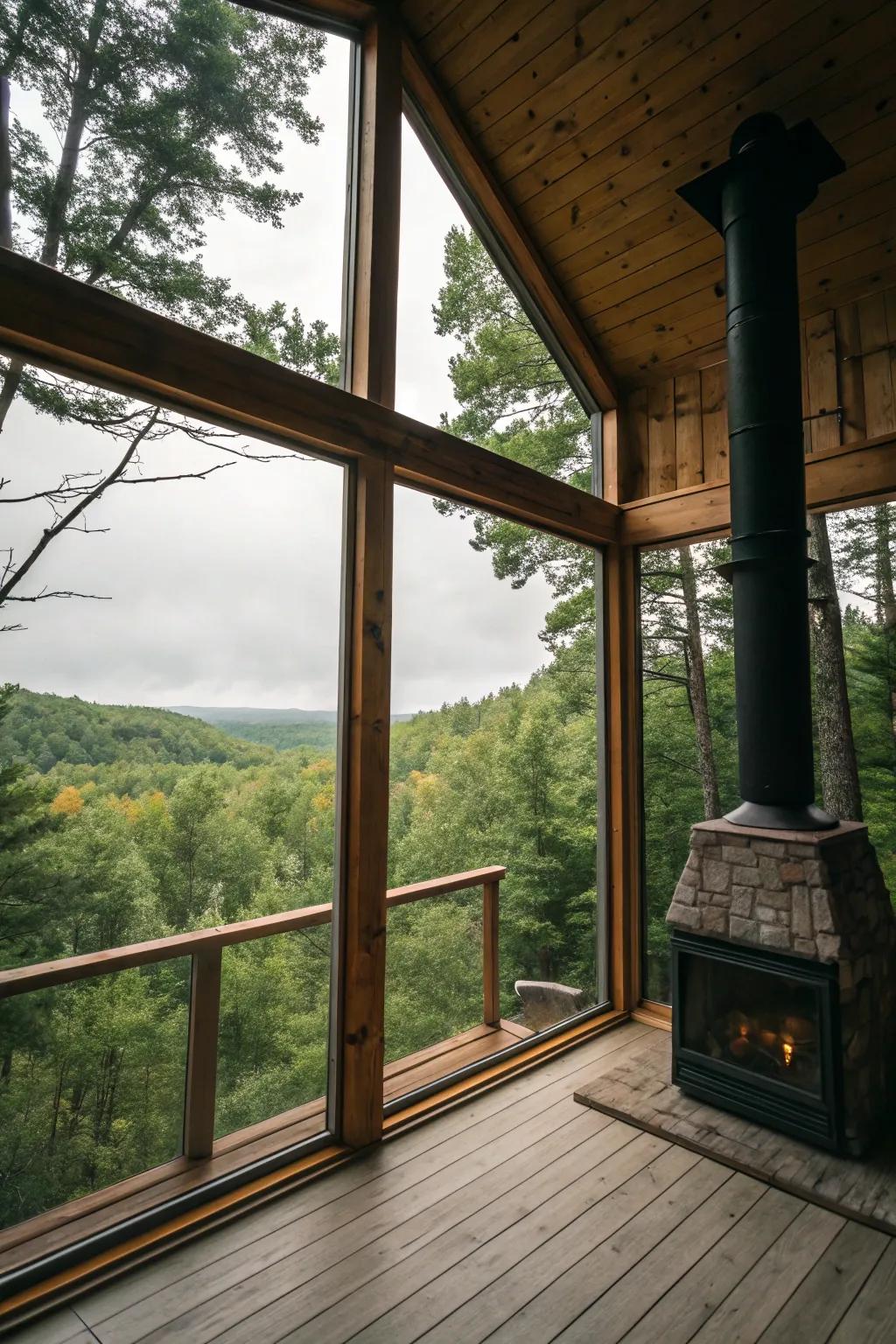 A cabin designed with expansive windows to capture the beauty of the forest