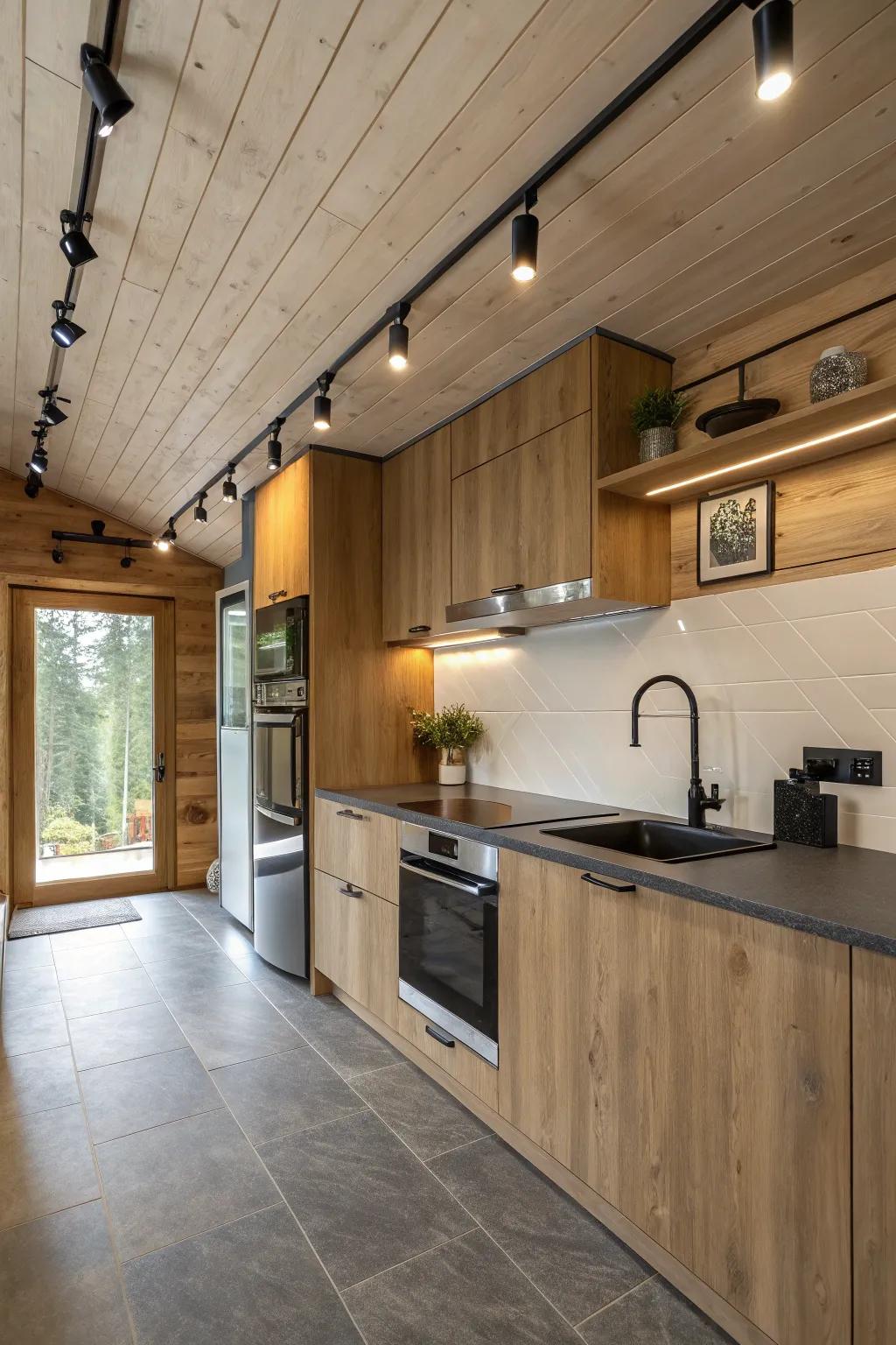 A modern cabin kitchen showcasing streamlined rail lighting for a sophisticated and useful appearance.