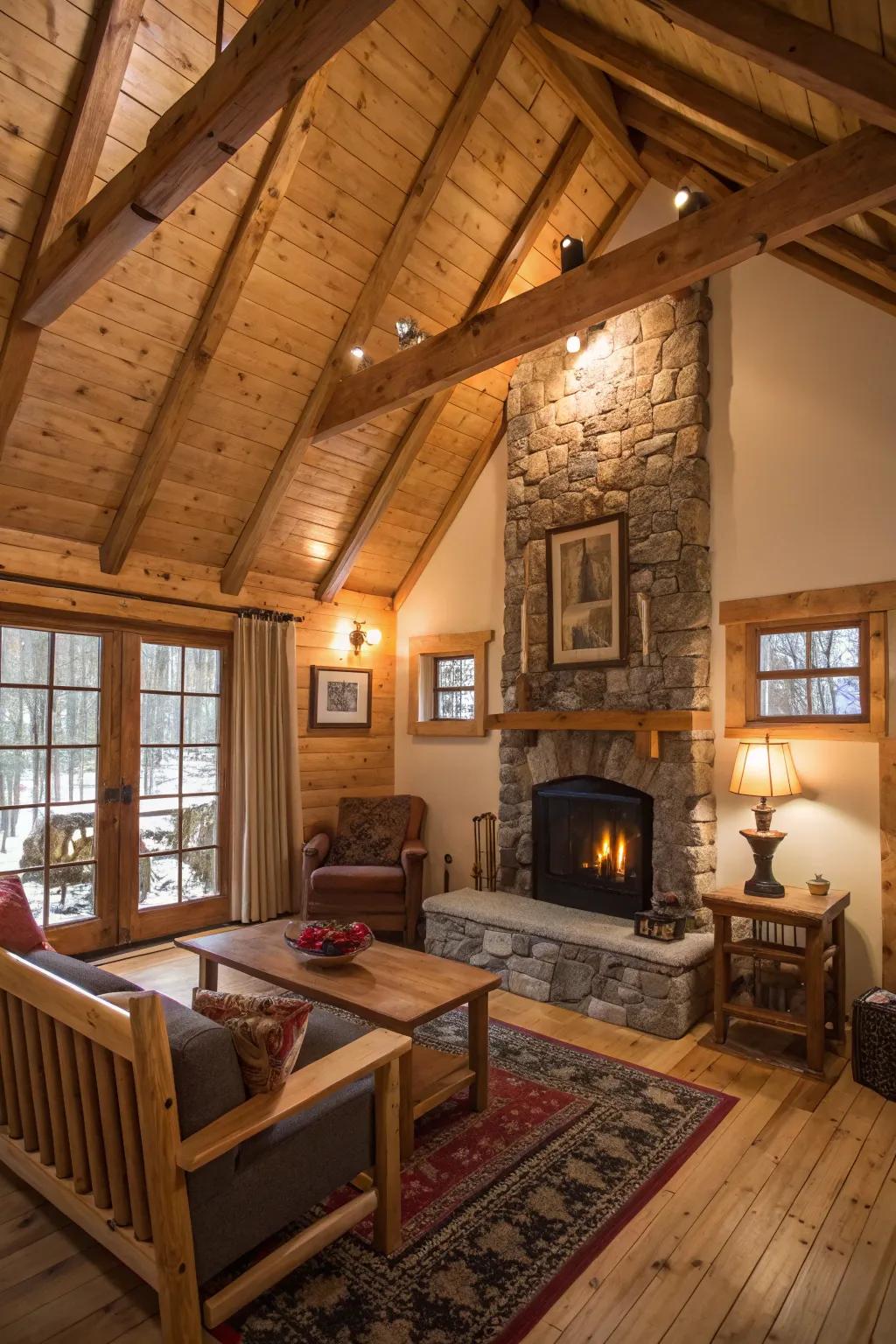 Uncovered rafters add a rustic feel to this airy cabin space.