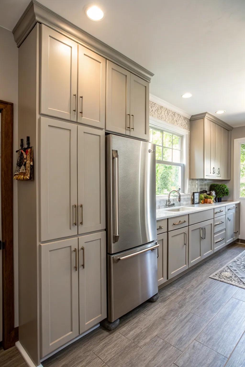 Extended cabinetry results in a cohesive and integrated kitchen design.