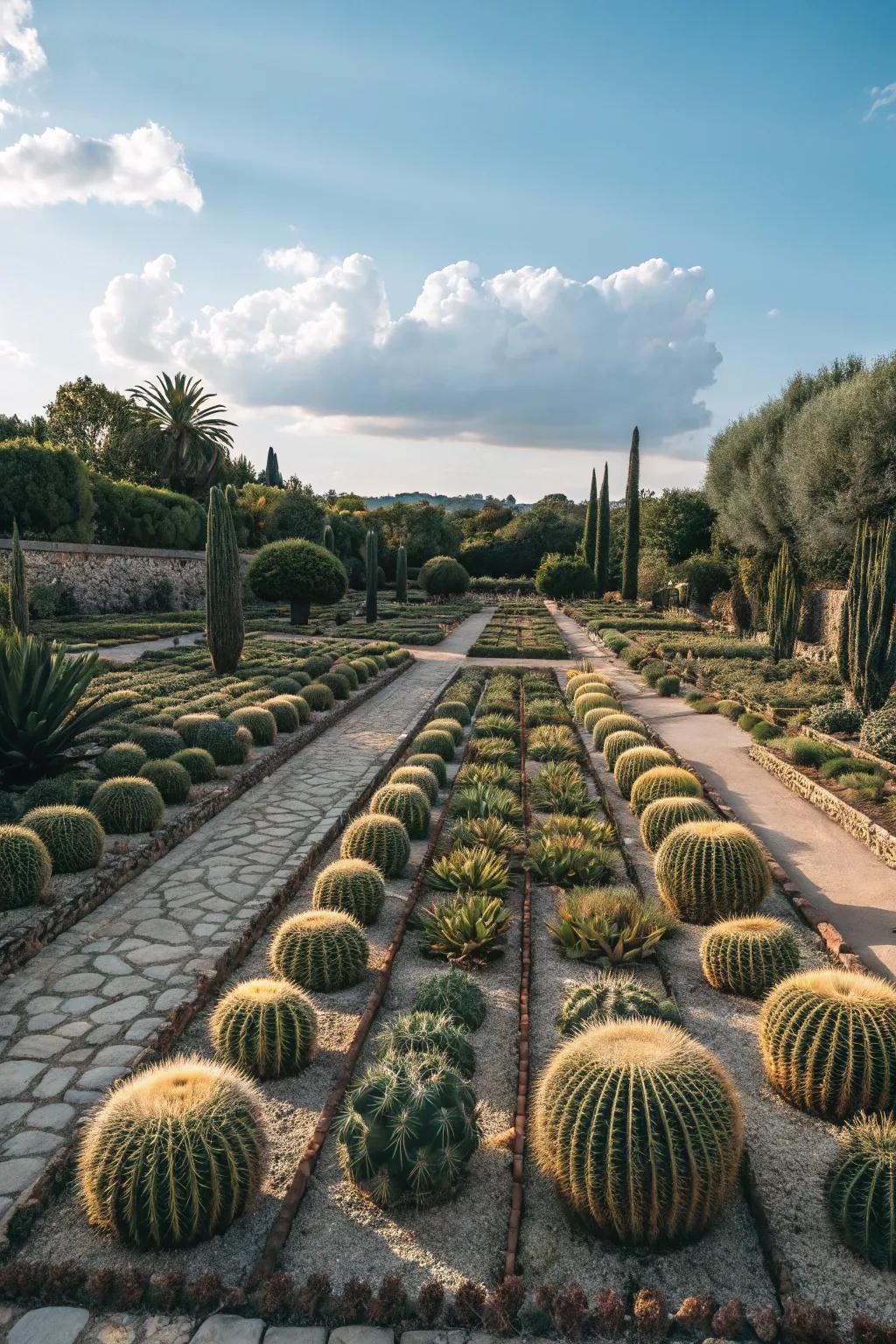 Cacti arranged in structured patterns for a striking visual appeal.