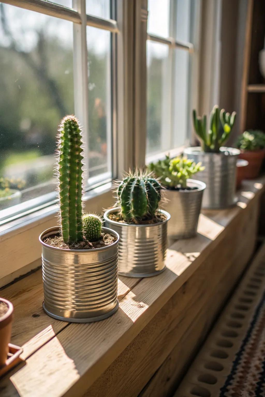 Time-worn metal tins contribute a rustic charm to your cactus staging.