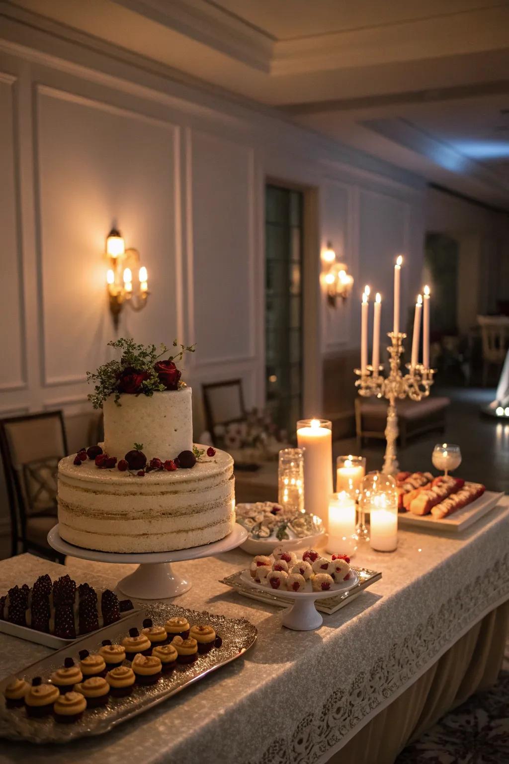A confection presentation illuminated with candles of varying statures, adding warmth and refinement.
