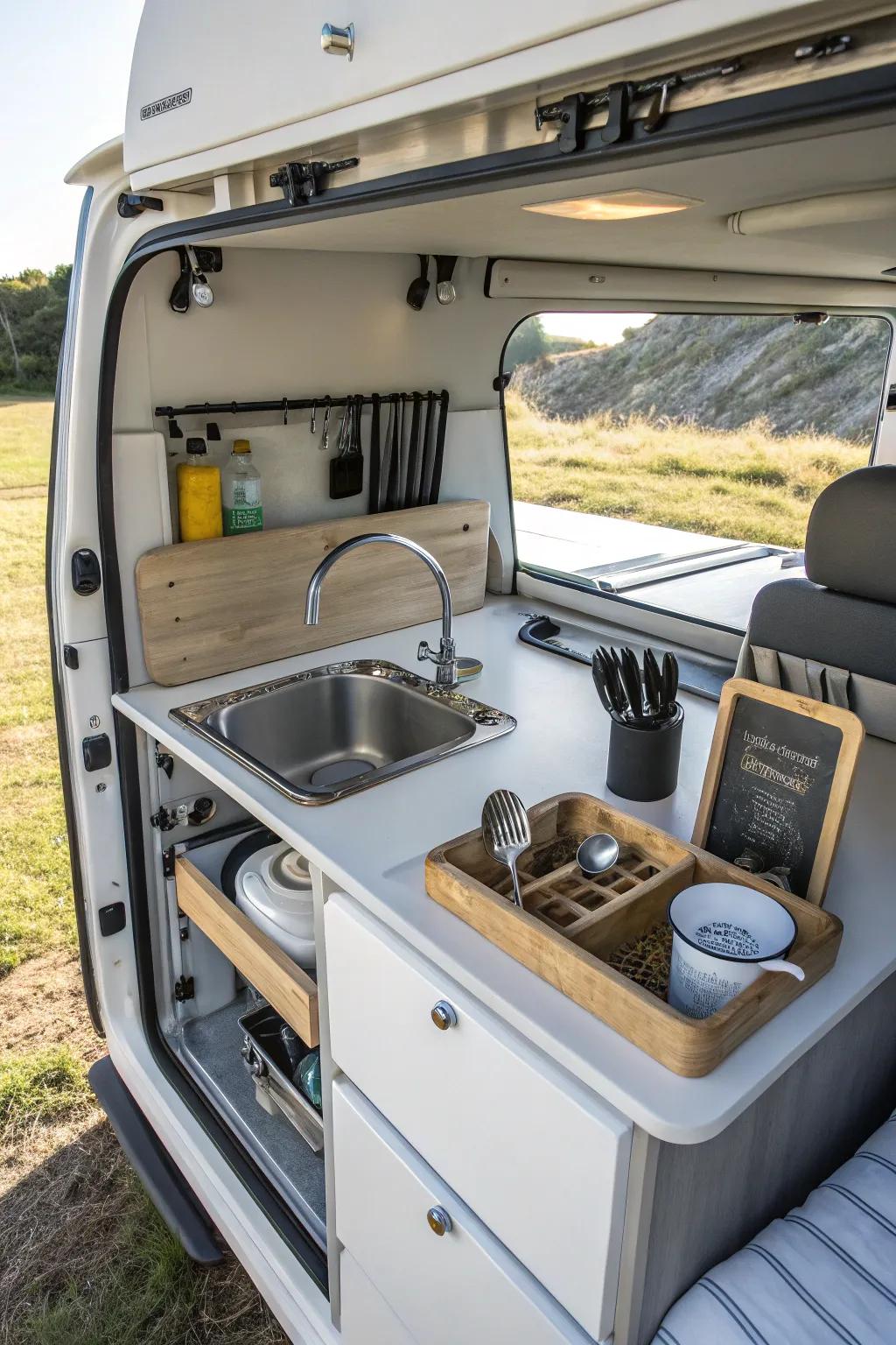 A well-organized small kitchen arrangement inside a camper shell.