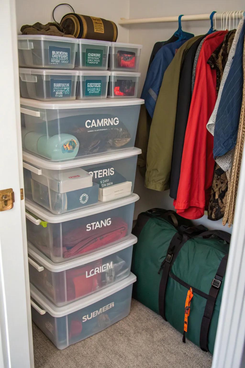 See-through boxes make small camping items neat and visible.