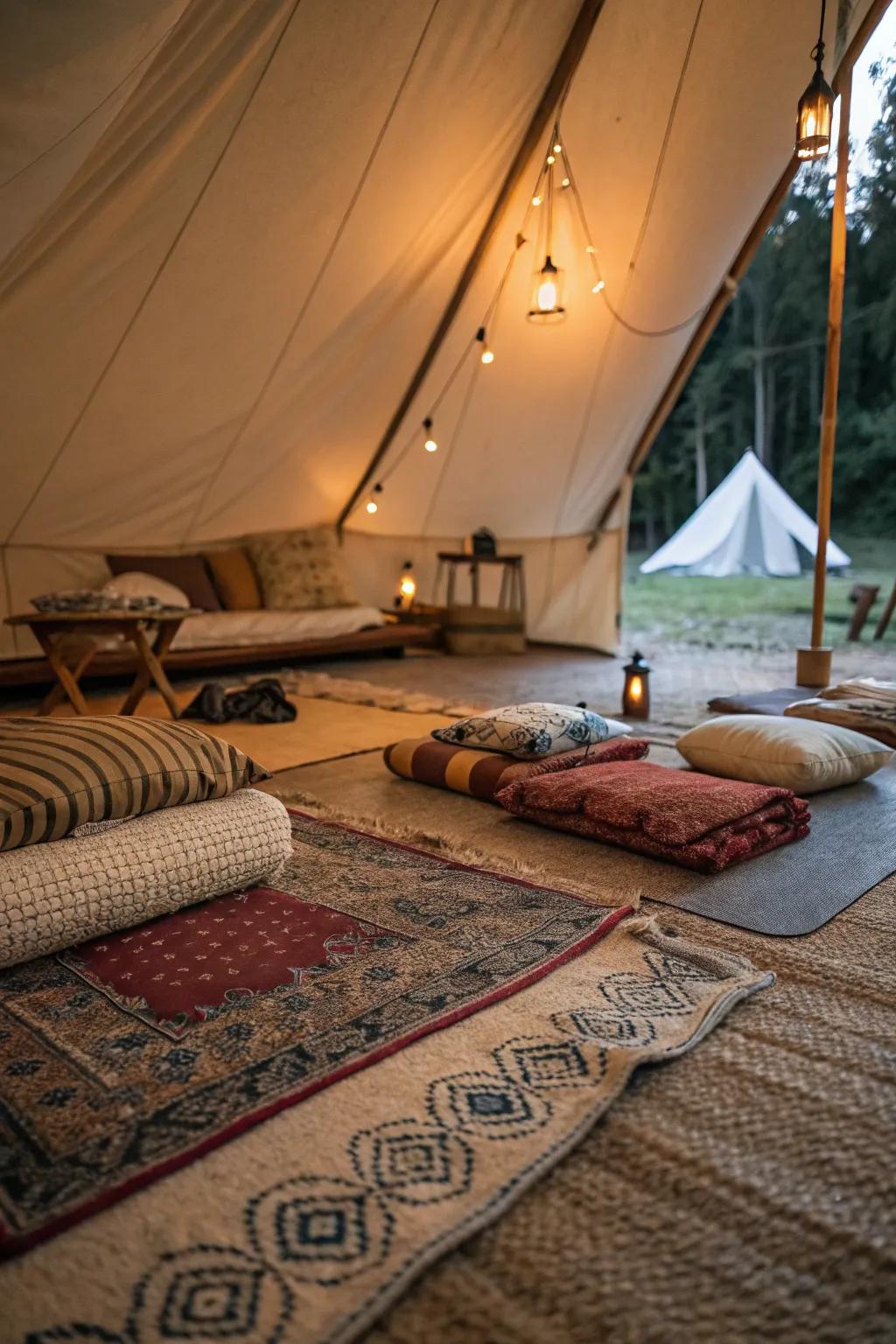 Add soft floor coverings for a comfortable and home-like tent interior.