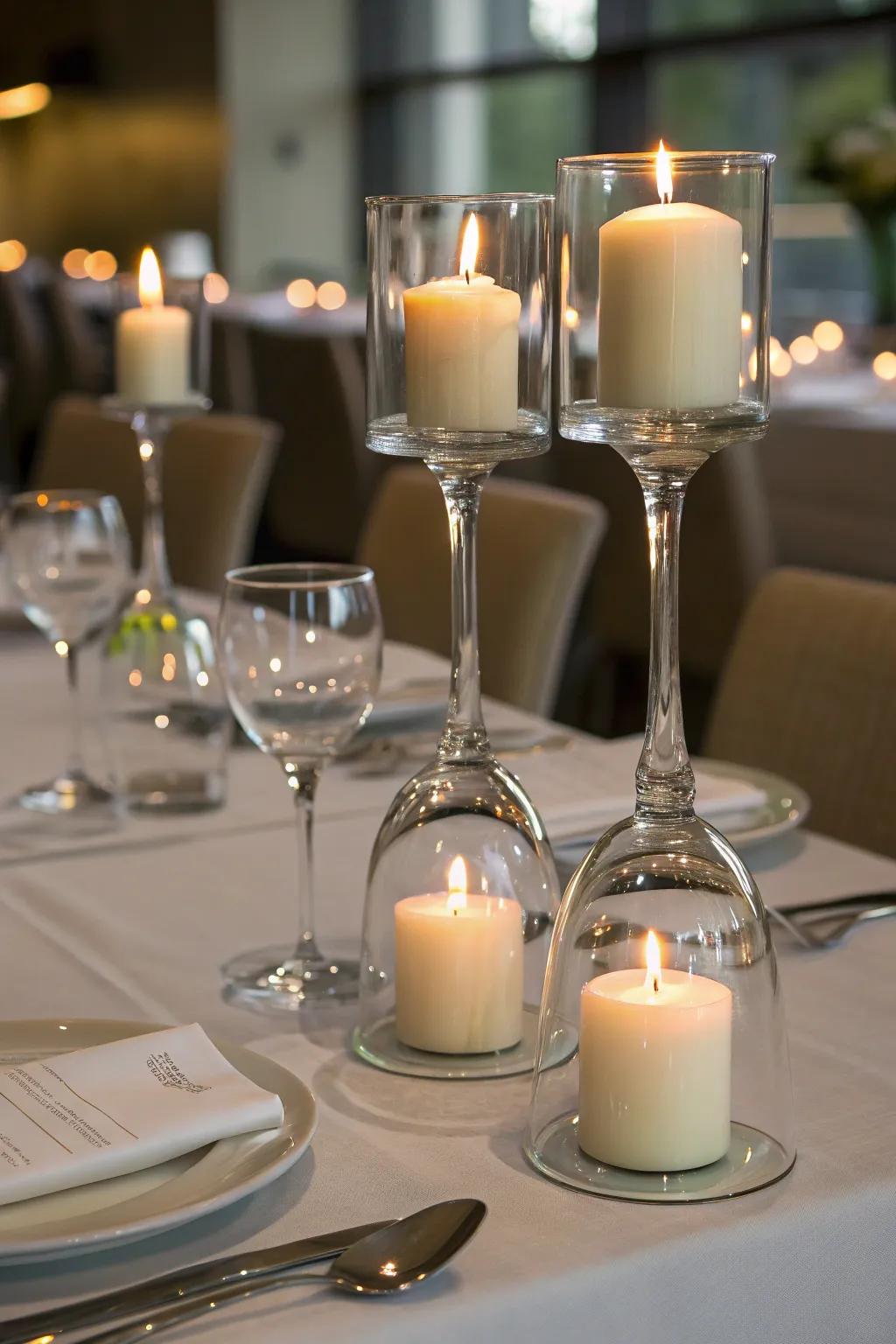 Glass holders enhance elegance and reflect candlelight beautifully.