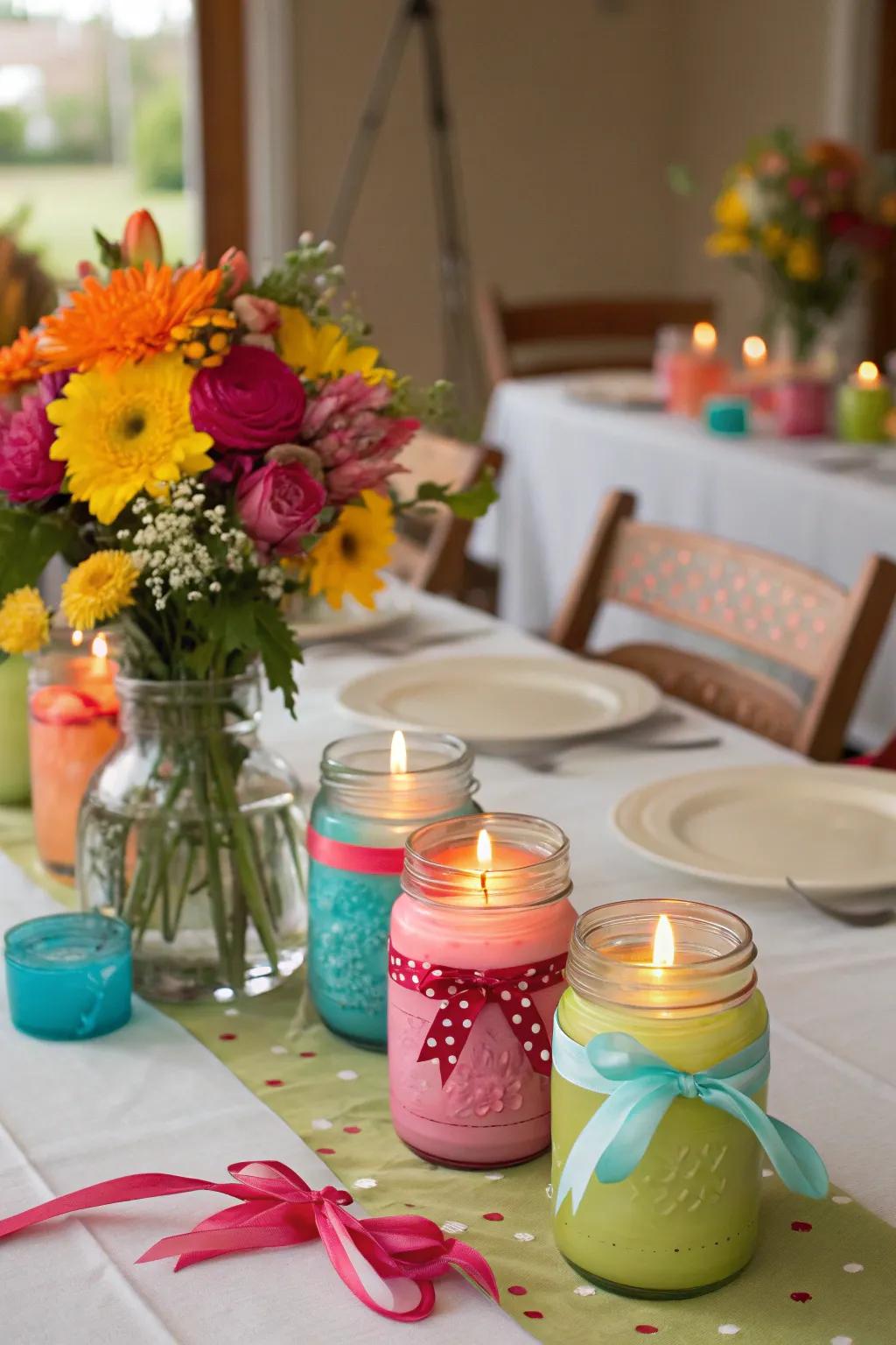 Brightening your table with radiant preserve container candle displays.