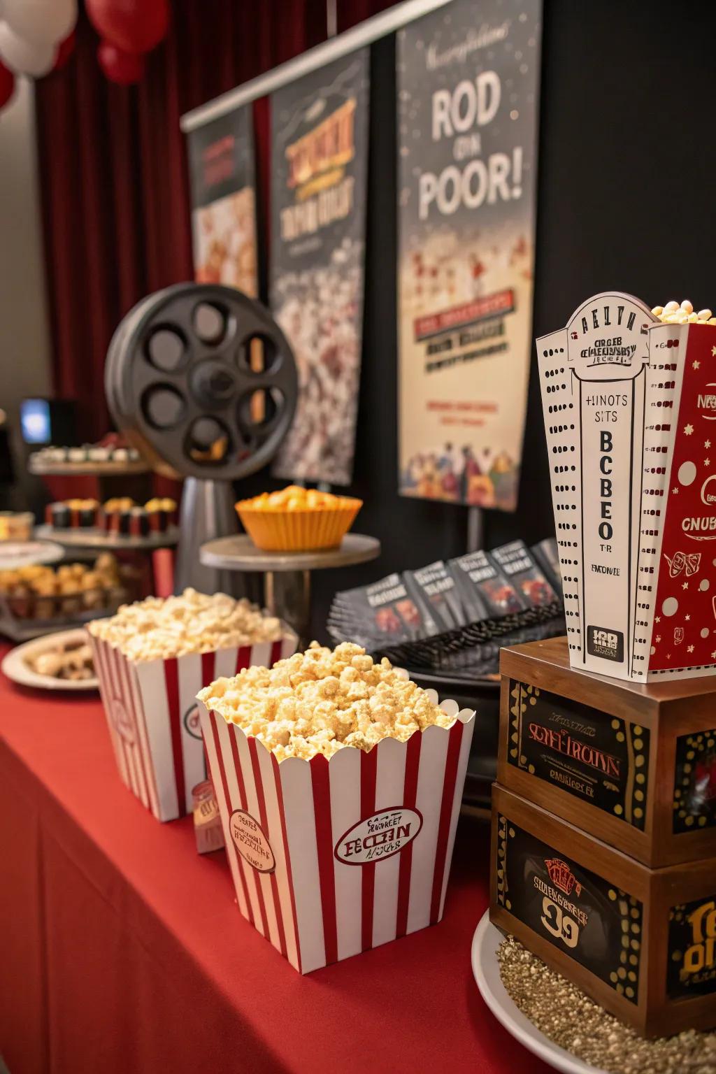 A movie-themed dessert buffet, complete with classic cinema nibbles and vintage charm.