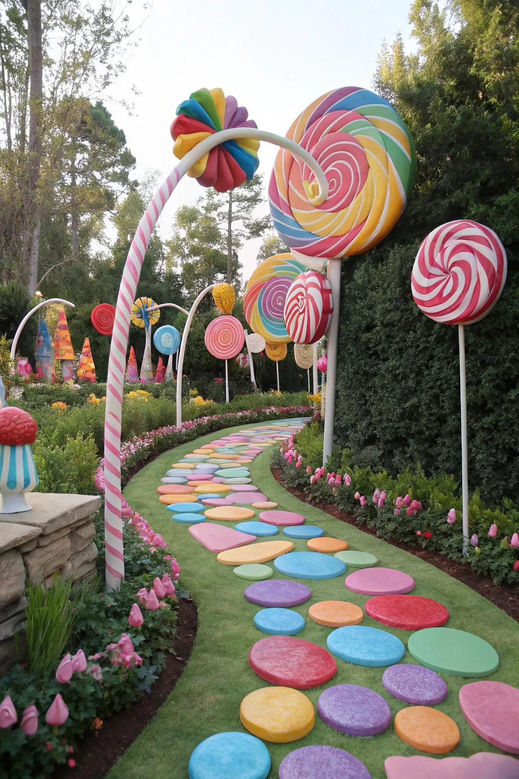A whimsical trail of lollipops navigates you through a candy wonderland.