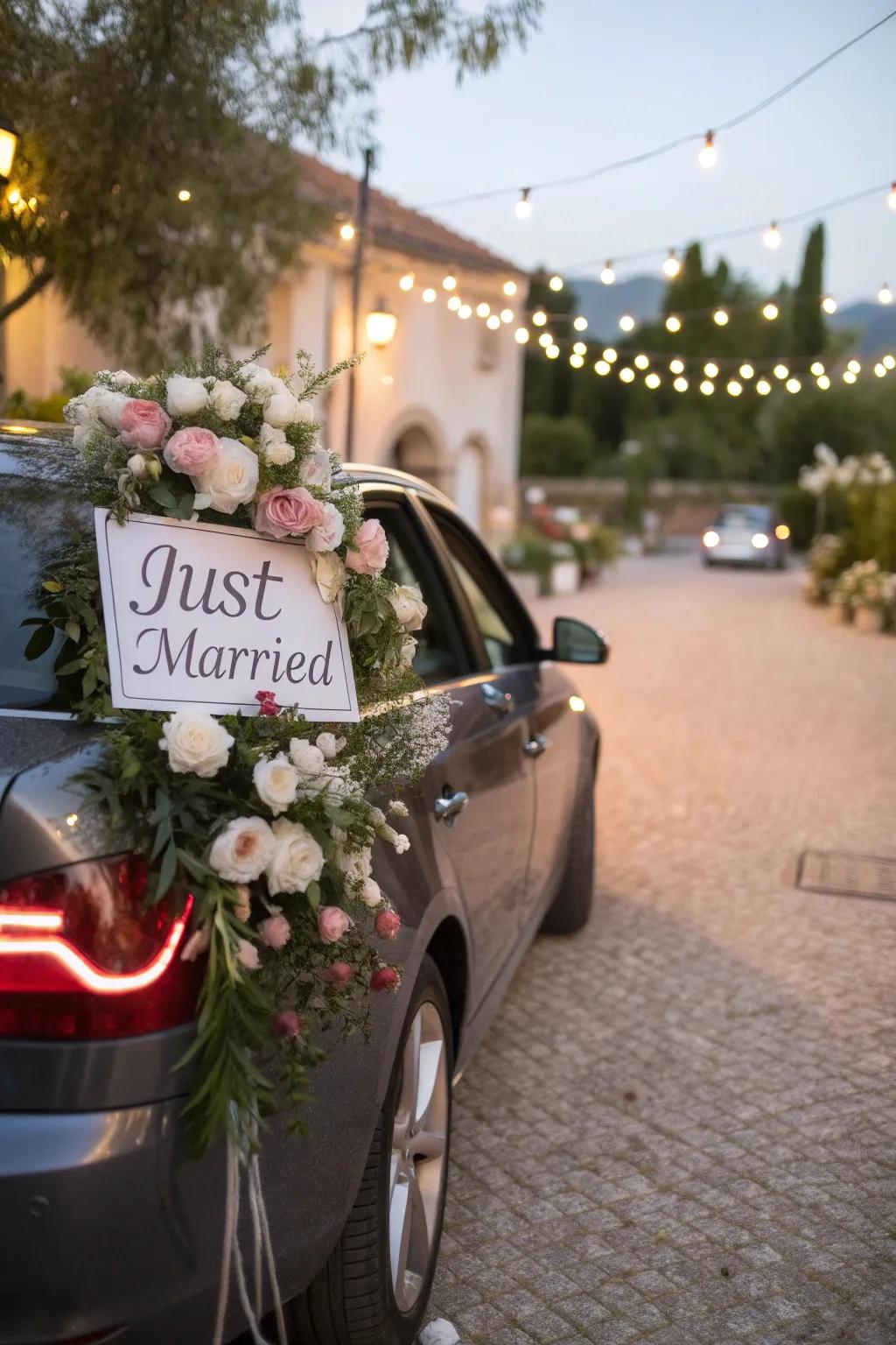 A beautifully decorated wedding car featuring botanical elegance and celebratory emblems.