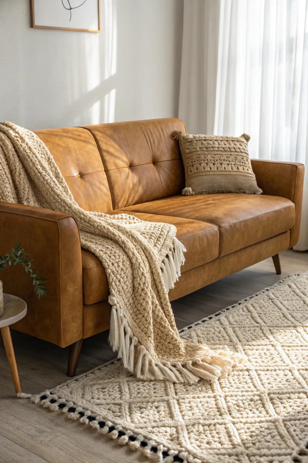 Textured details enrich a honey-toned sofa arrangement.