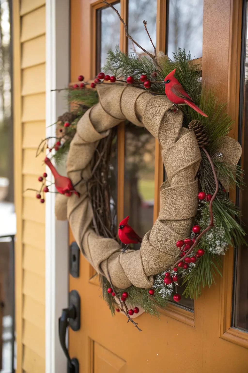 An elegantly rustic wreath featuring hessian and cardinals, providing a warm greeting.