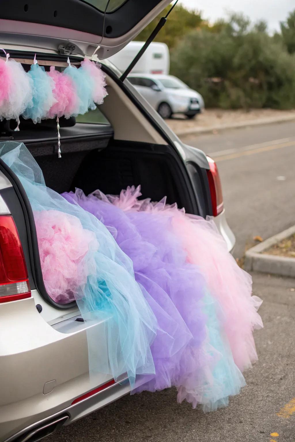 A whimsical sugary floss-inspired trunk adorned with pastel tulle and cotton.