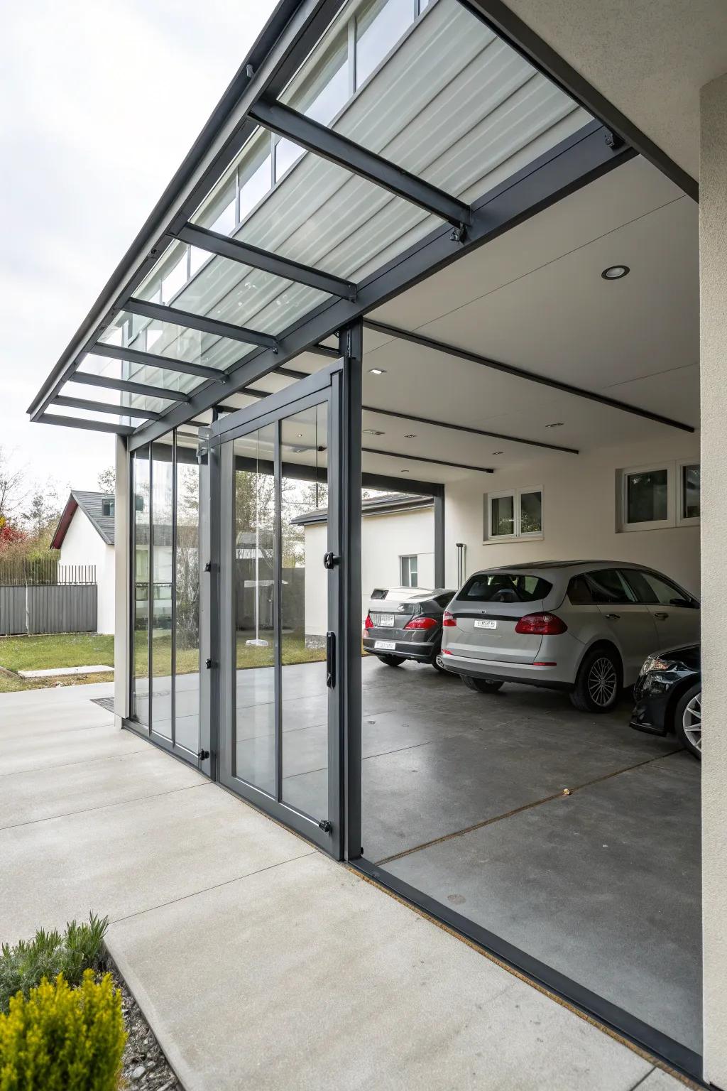 A carport that showcases glass and metal doors, giving off a polished, industrial vibe.