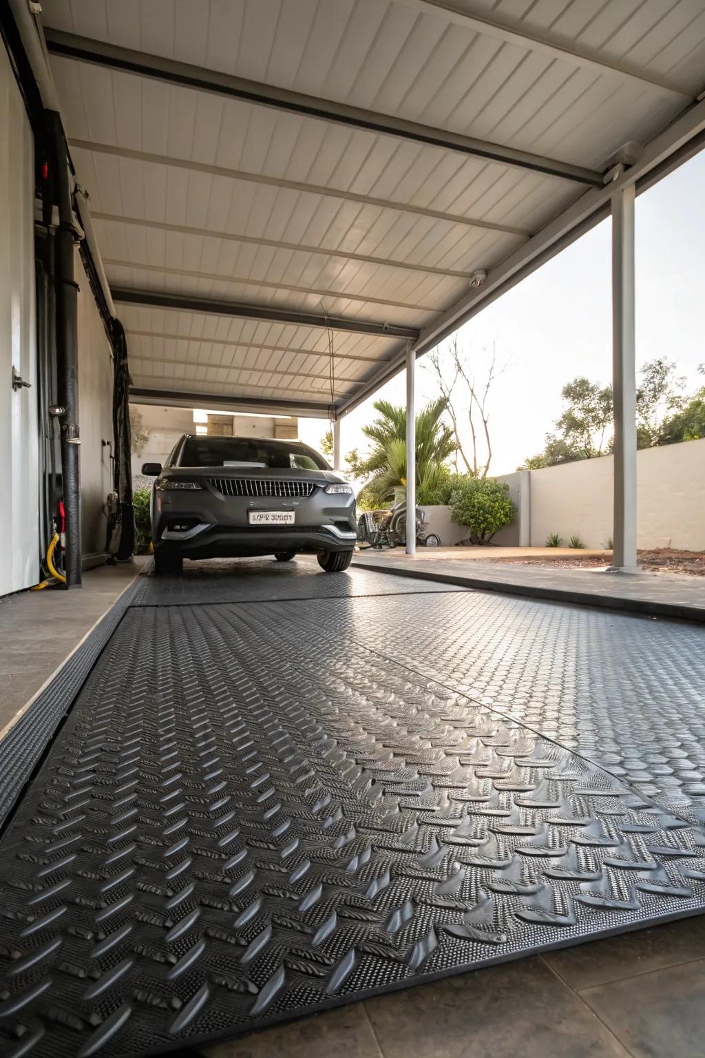 Unrolling mats deliver rapid, protective flooring for your carport.