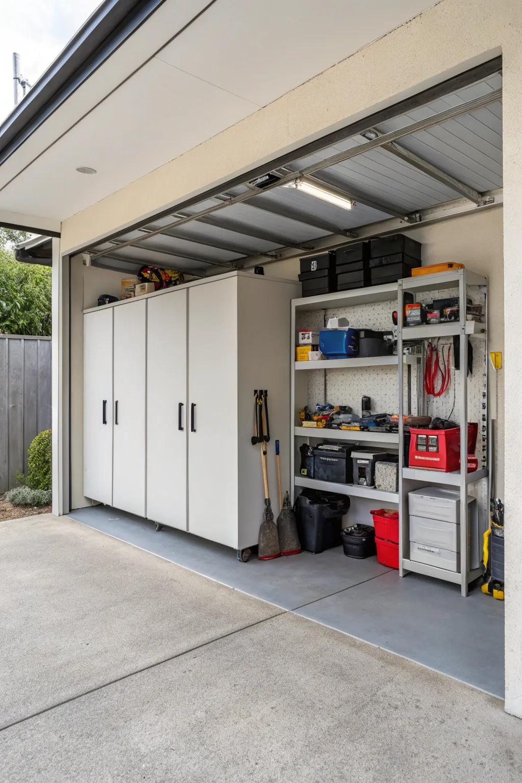 A carport equipped with integrated storage, ideal for arranging tools and outdoor equipment.