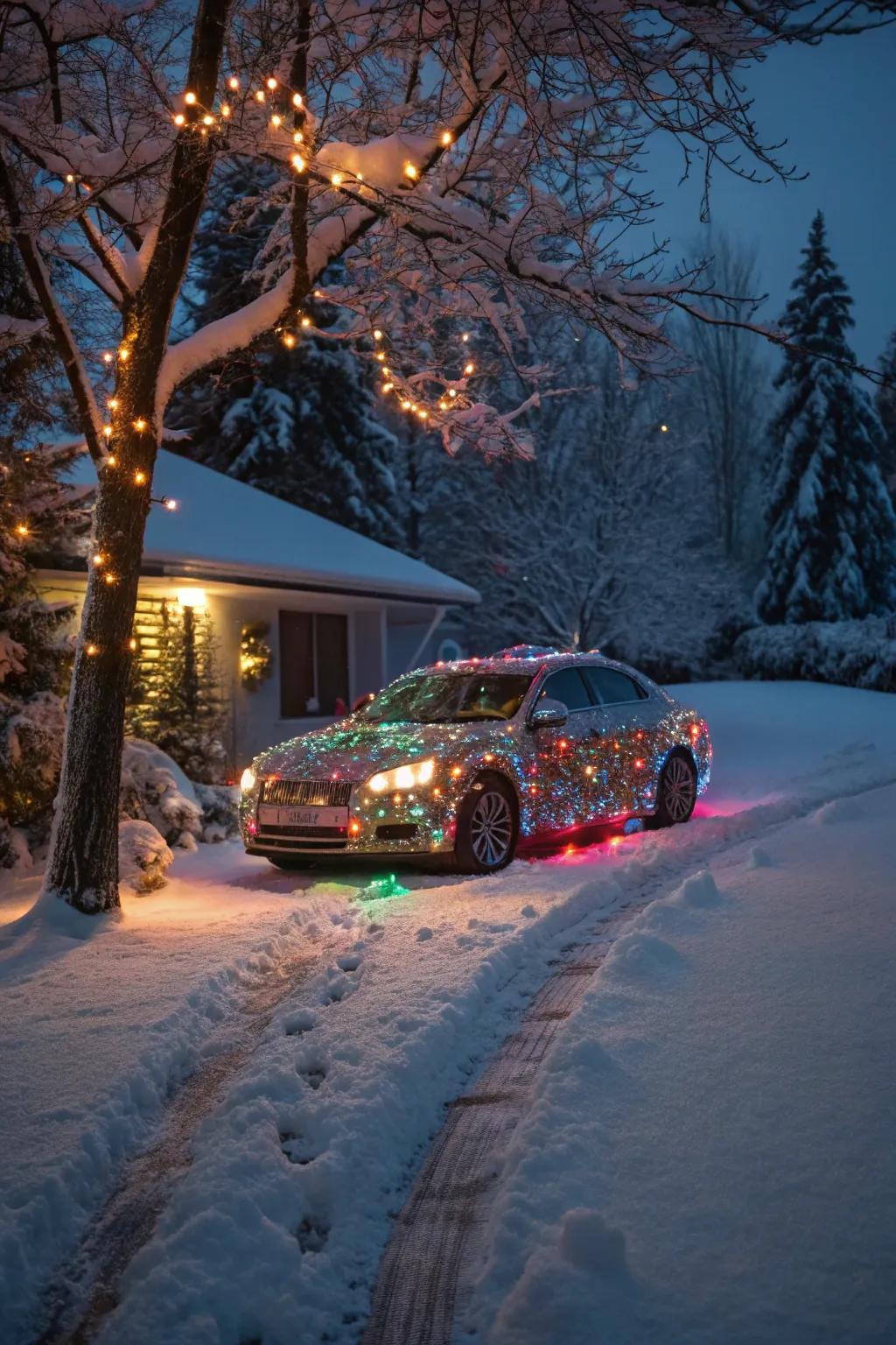 A car shining with LED lights, lighting up the cold winter night.