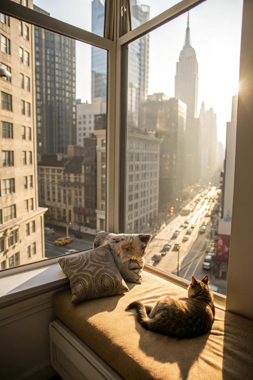 A window seat offering sunlight and panoramic outlooks.