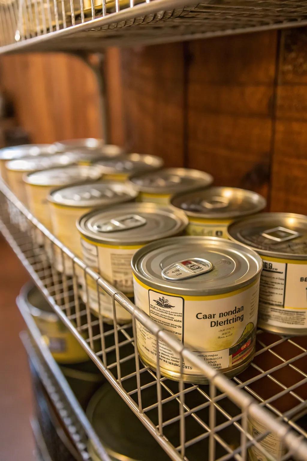 Metal racks optimizing height for canned cat food provisions.