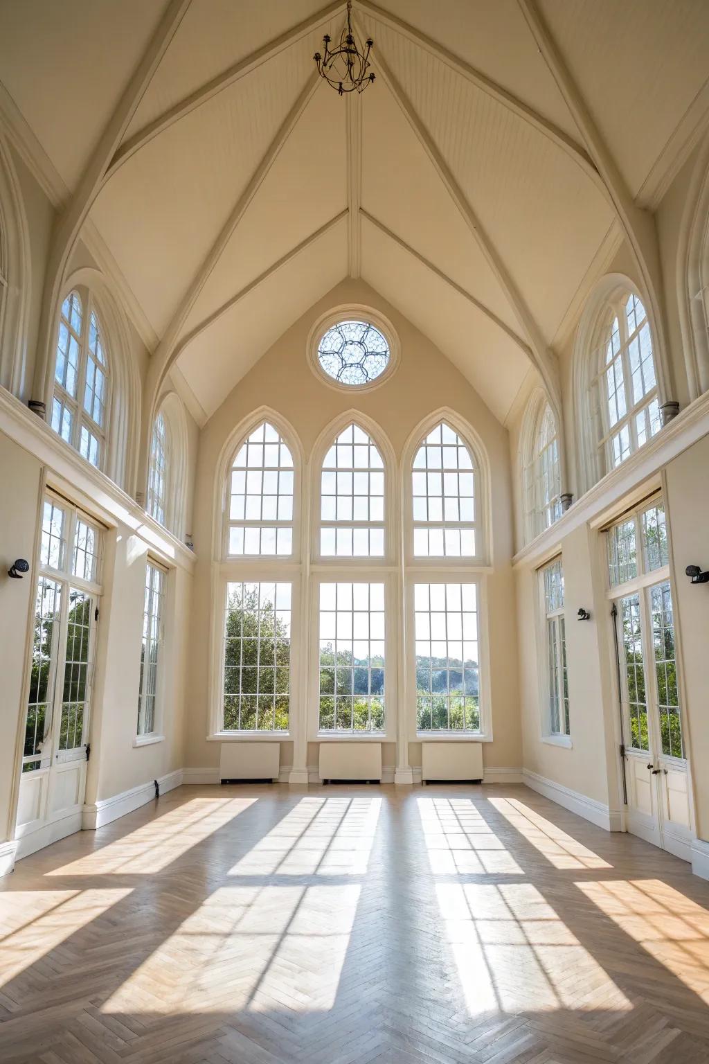 Expansive windows flood the area with sunshine, emphasizing the lofty ceiling.