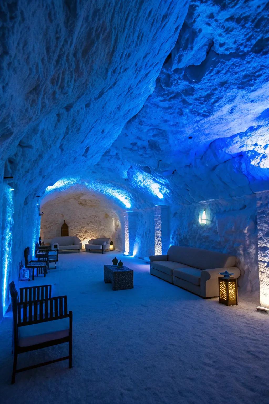 Blue LED lights create a mystical cave-like feel.