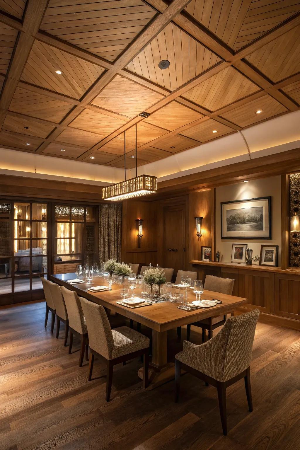An exquisite culinary area augmented by the inviting nature of a wood planked ceiling.