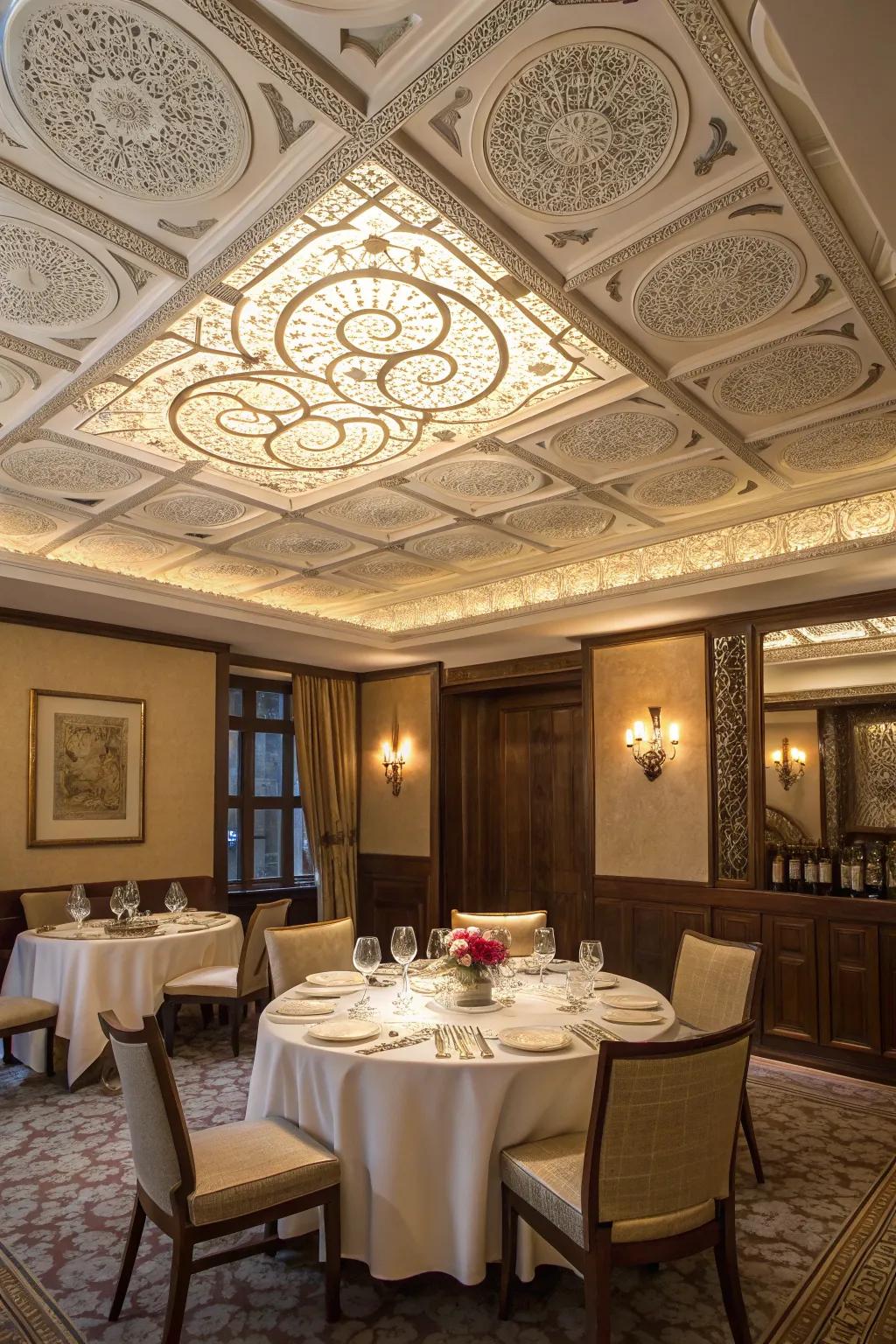 Detailed ceiling patterns add refinement to any dining space.