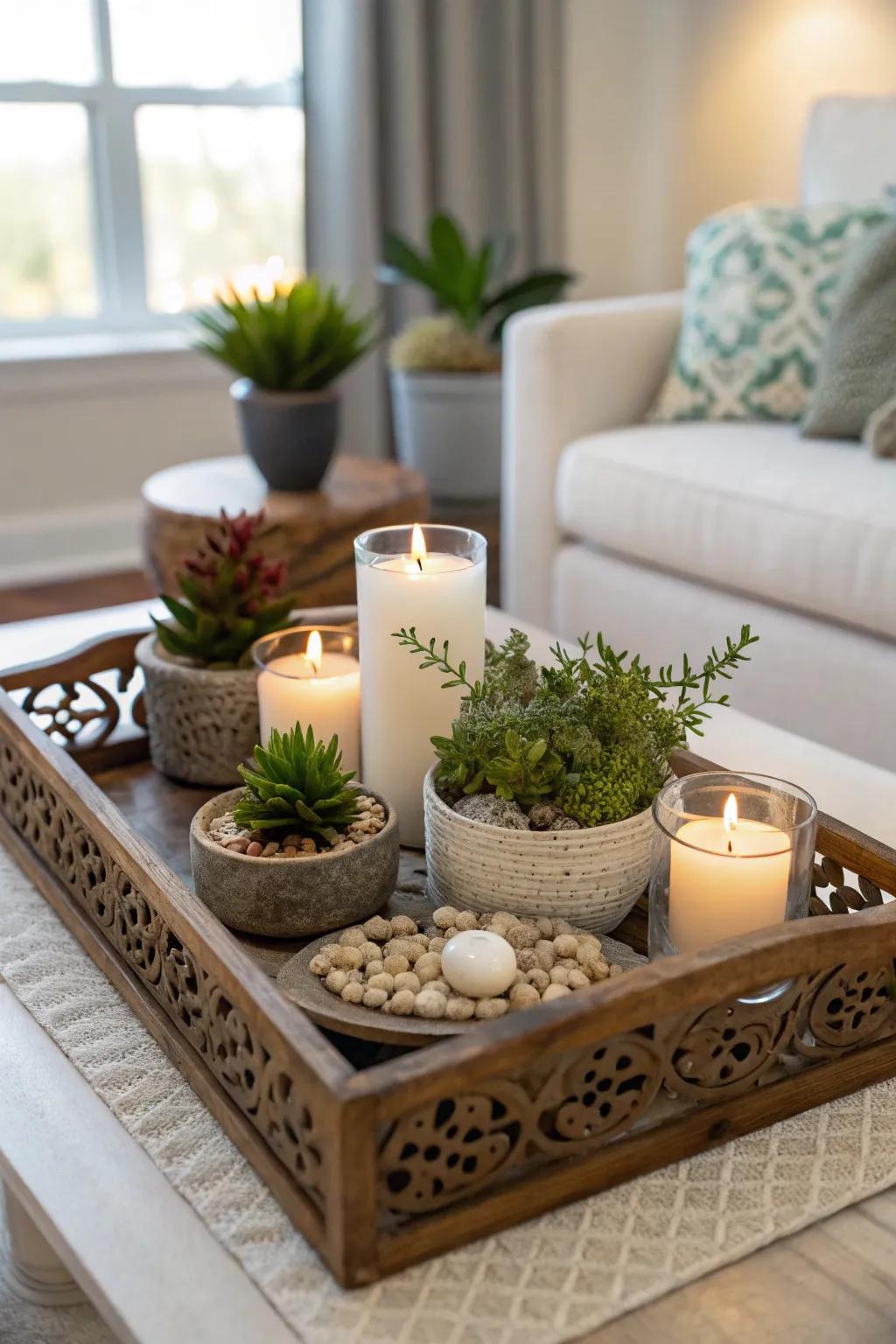 A tray aids in arranging decor aspects gracefully.