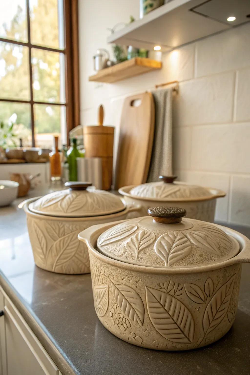 Etched ceramic containers bring an organic vibe to your kitchen.