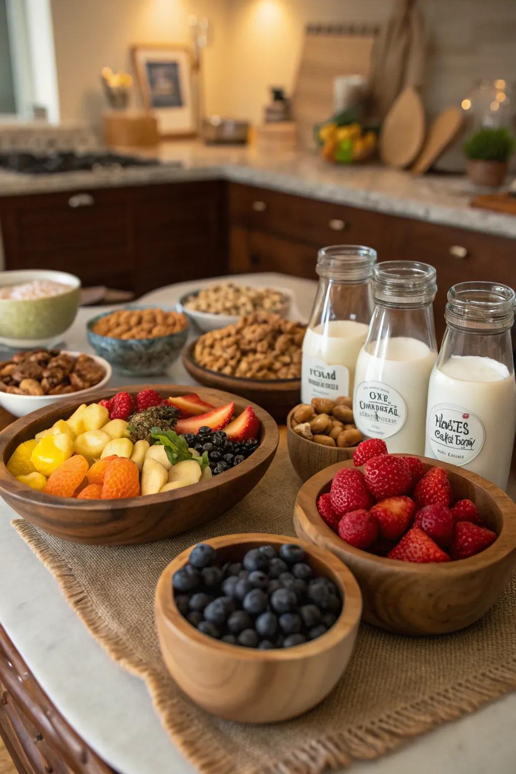 A display featuring bowls filled with fruits, seeds, and diverse flavored dairy options for customizing grain bowls.