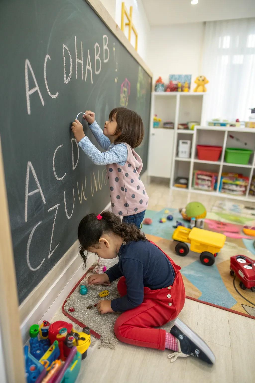 A chalkboard wall featuring an alphabet assists learning through play.