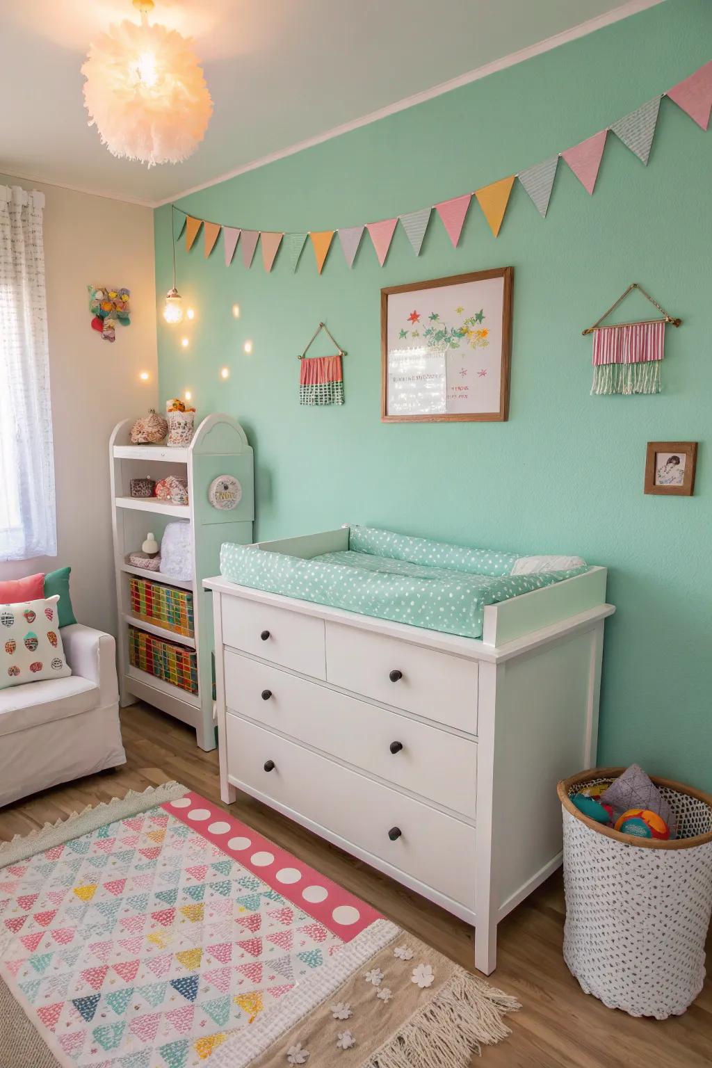 A mint-colored wall adds a fresh pop of color to the nursery.