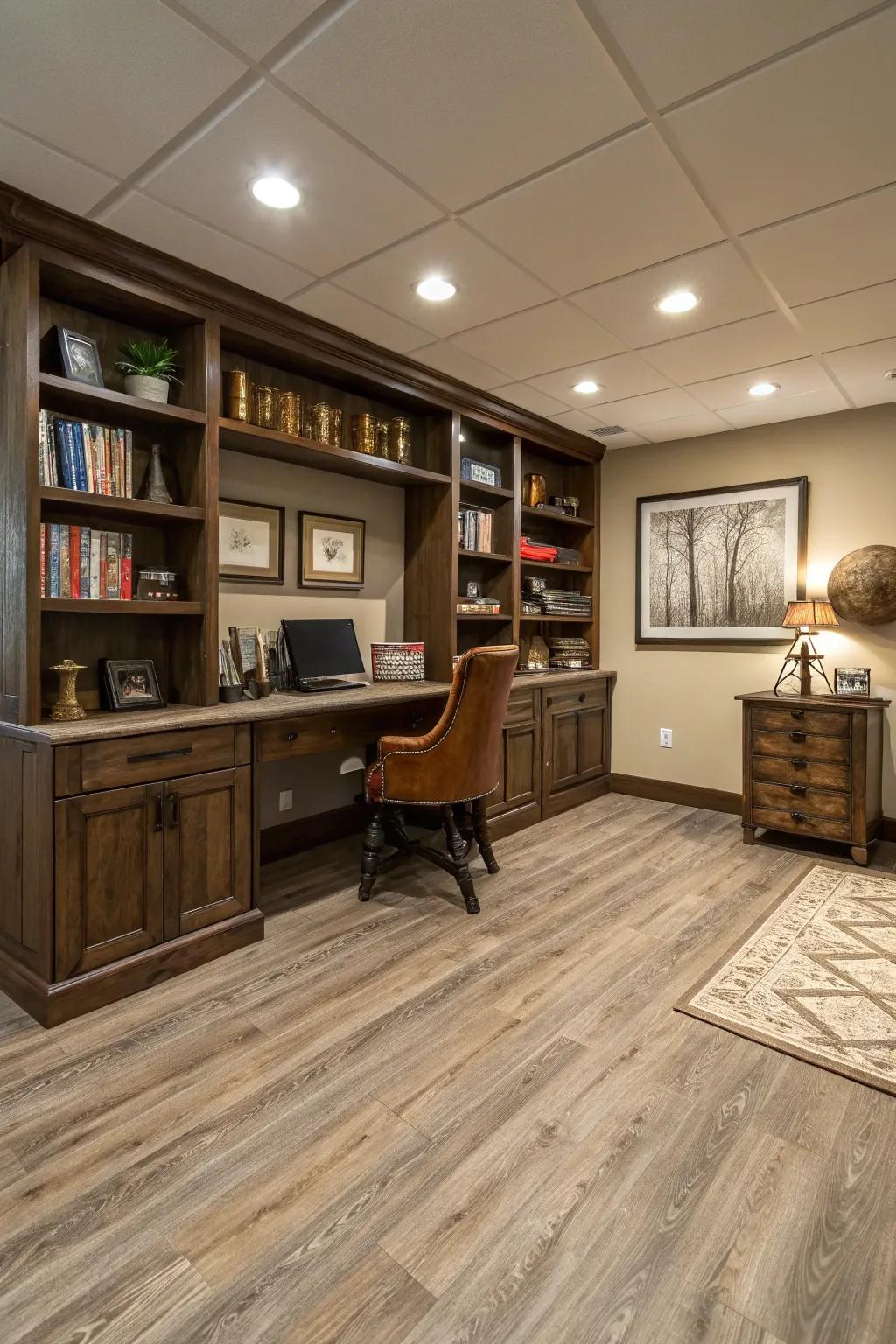 Laminate flooring provides a hint of contemporary elegance to basement areas.