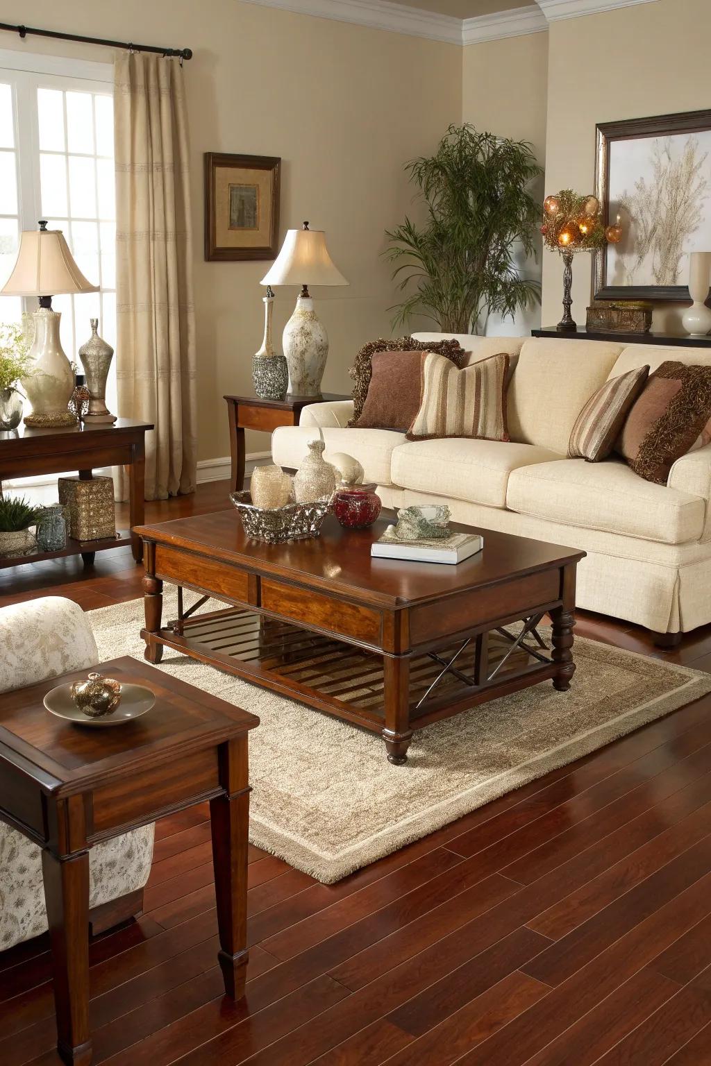 Neutral hues accentuate the intrinsic allure of mahogany floors.