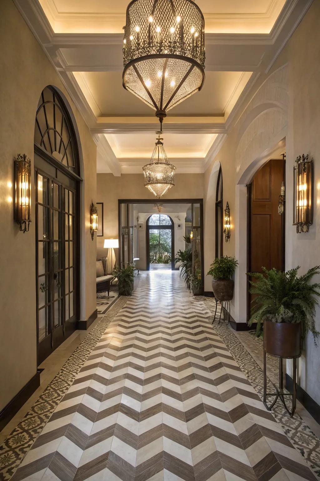 This appealing doorway makes a striking statement with zigzag layout tiles.