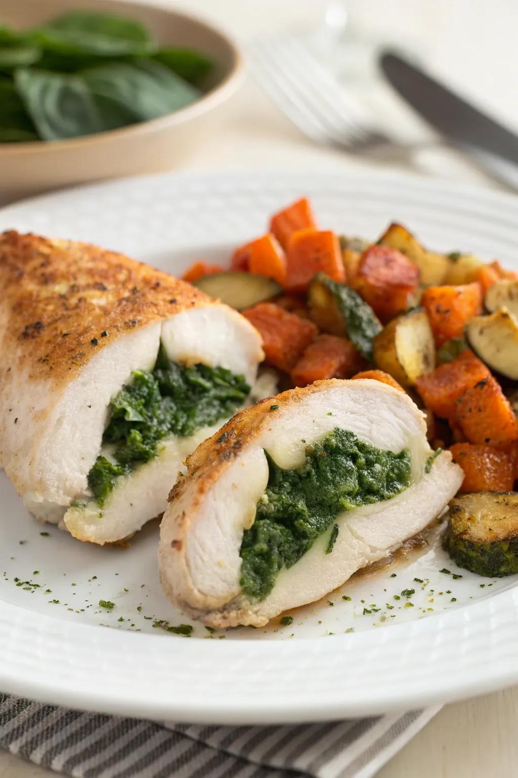 Spinach-Filled Chicken Fillets, a delightful surprise.