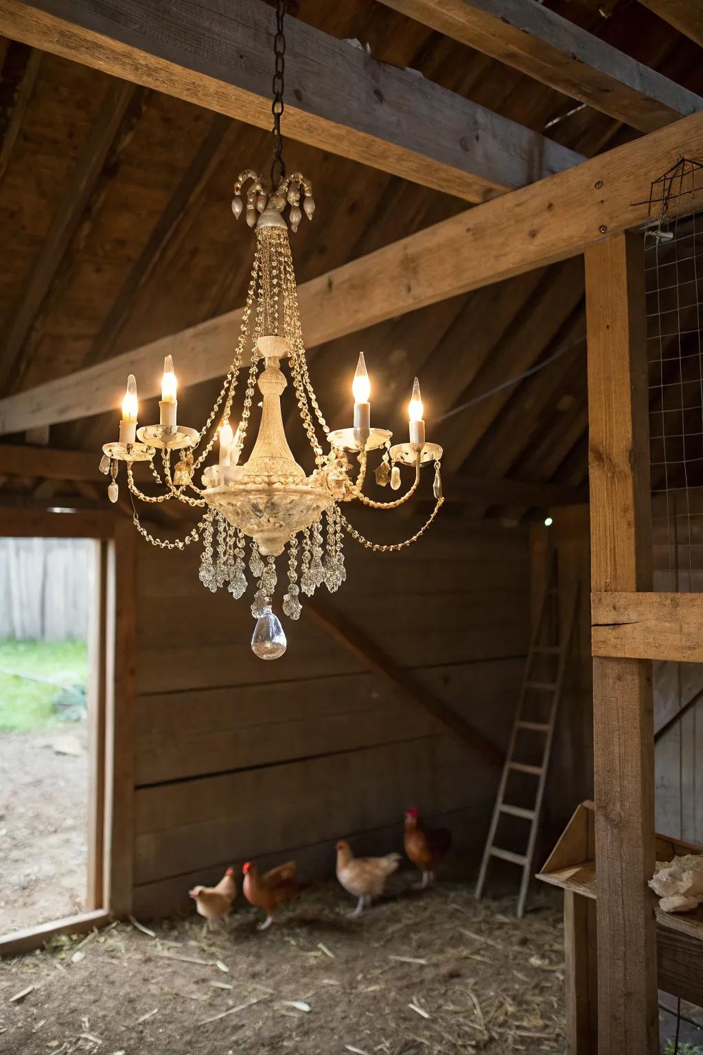 A pendant lamp introduces a hint of refinement and whimsy to the coop.