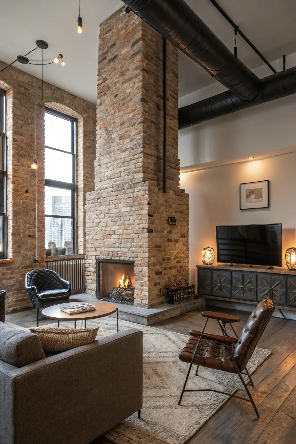 Uncovered brickwork contributes warmth and a metropolitan flair to this contemporary living space.
