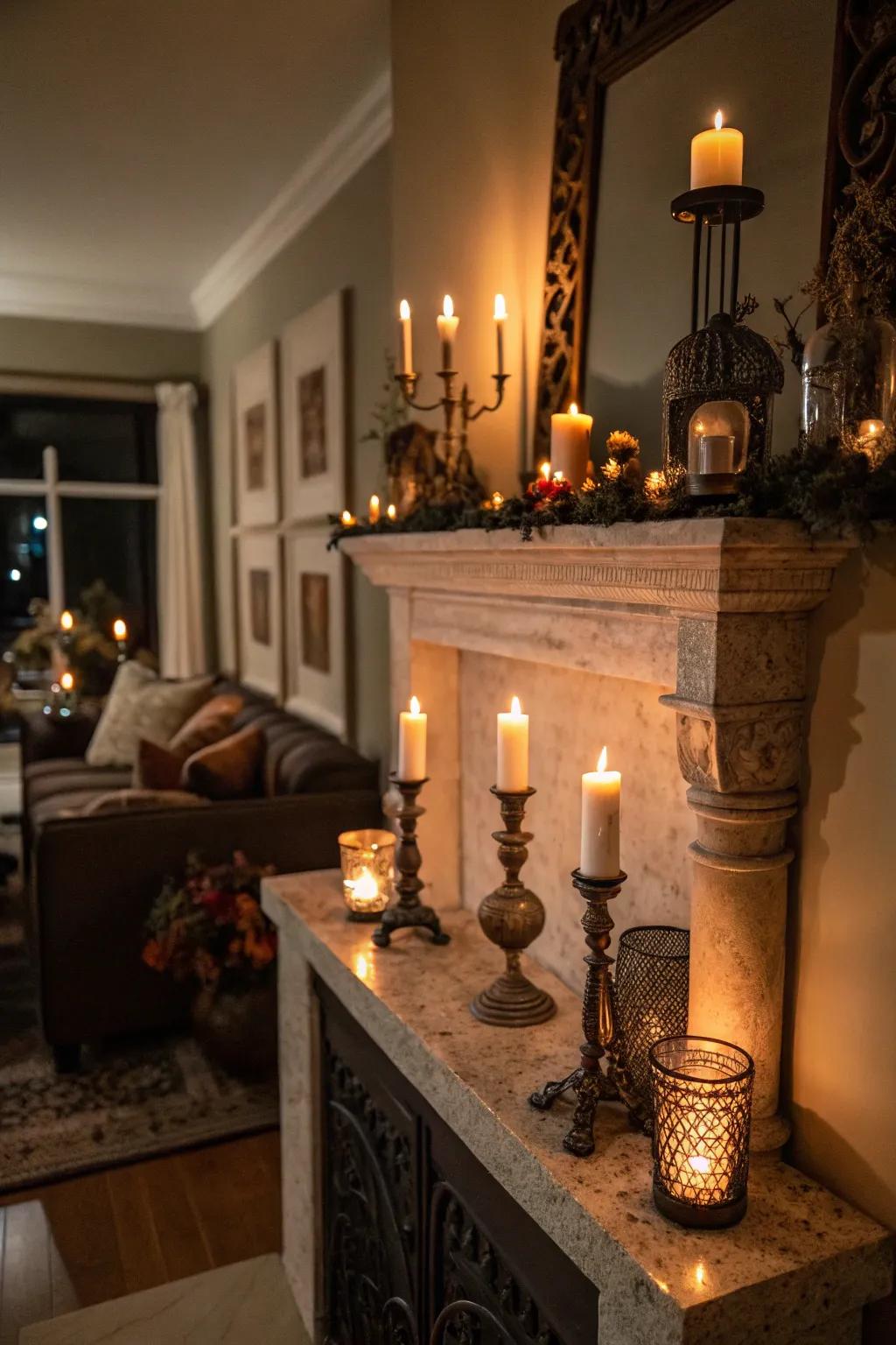 A curated collection of candles on the mantel generates an intimate and inviting atmosphere.