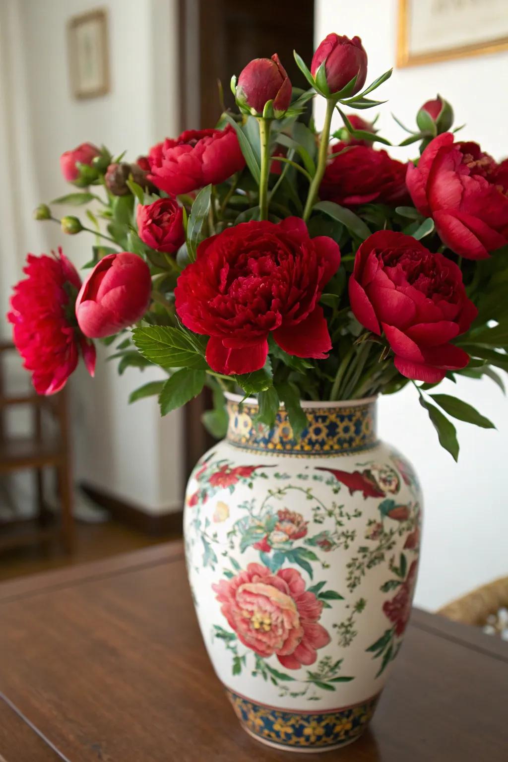 A lavish crimson floral arrangement within an elegant vase.