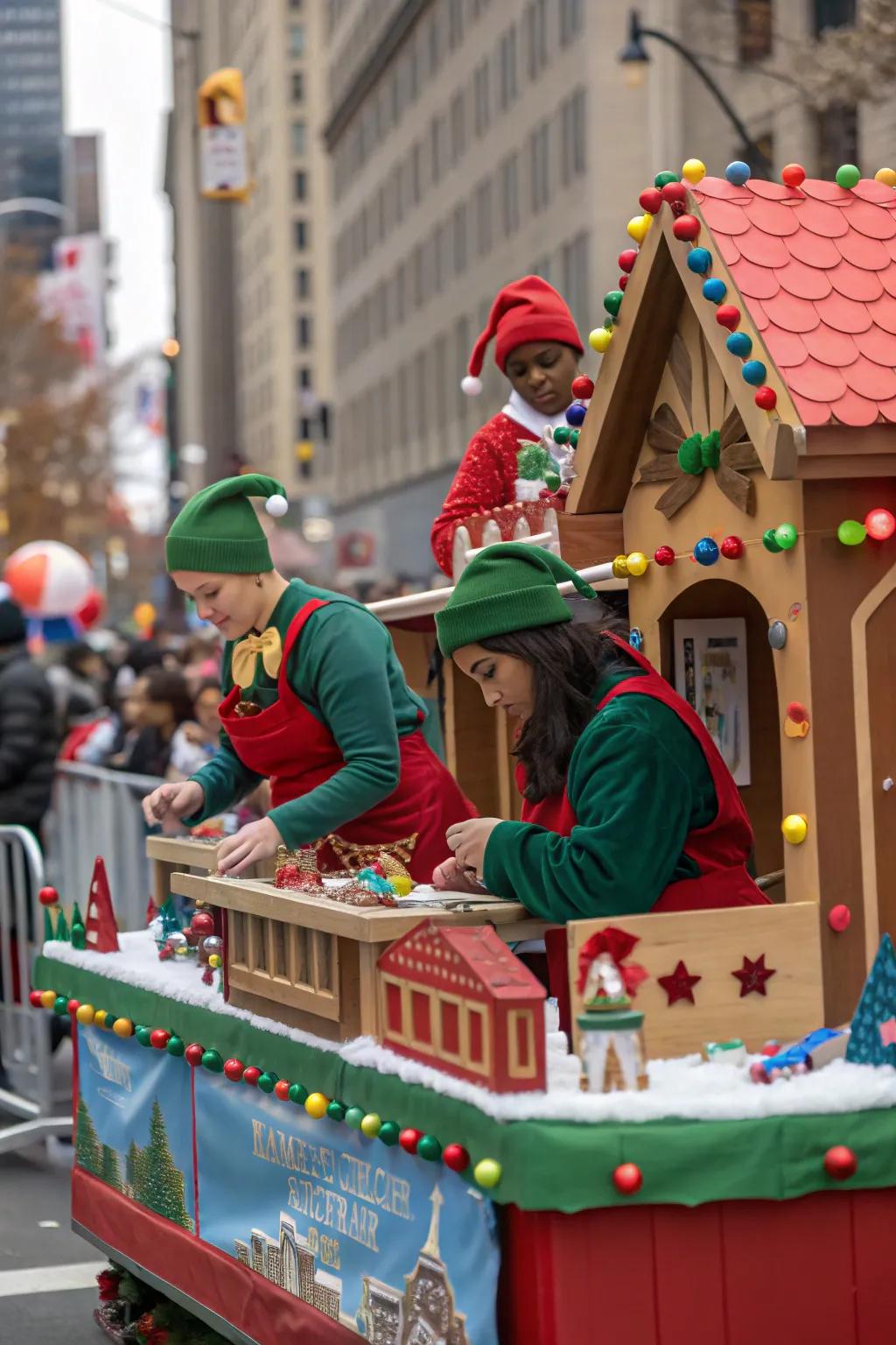 Santa's Global Workshop float featuring multicultural elves crafting unique items.
