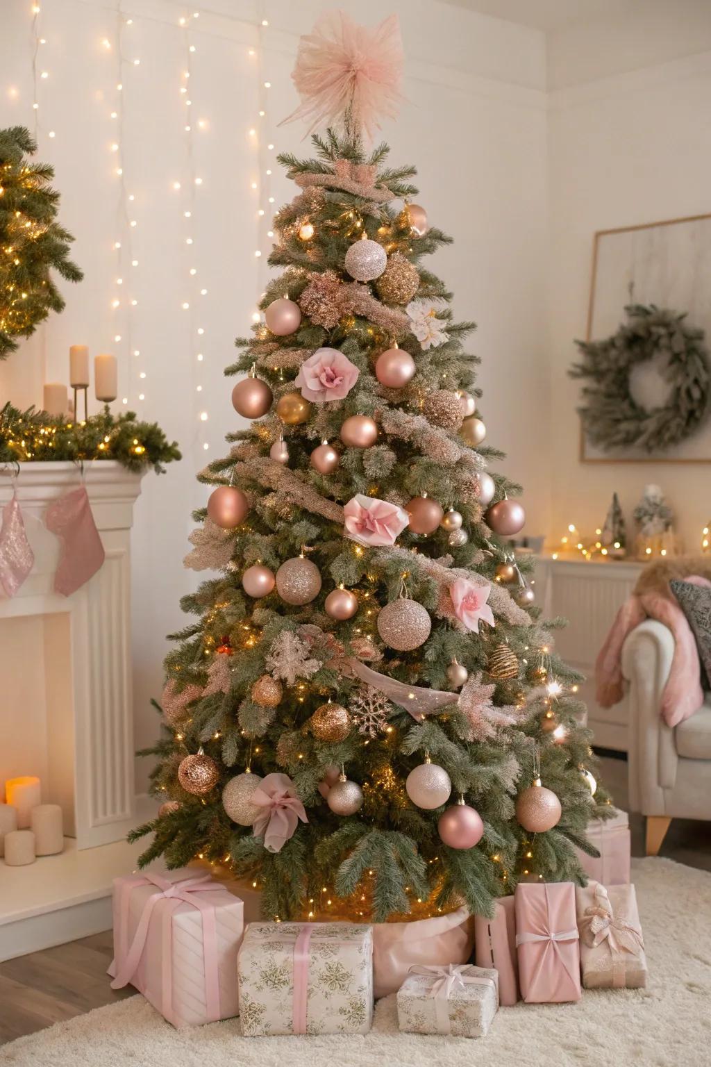 A romantic Christmas tree in rosy and rose aurum hues.