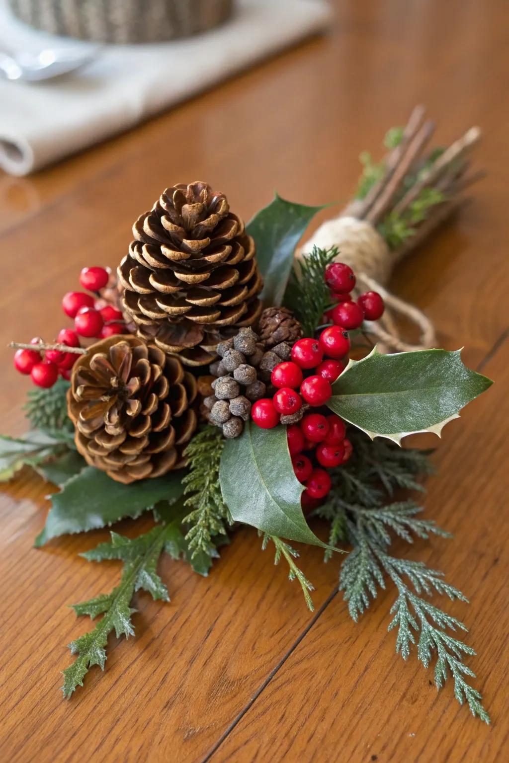 A nature-inspired Christmas posy featuring miniature cones and berries.