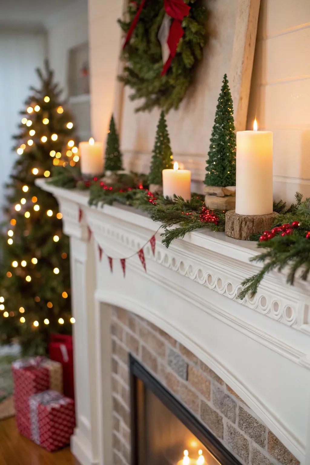 A mantel metamorphosed into a wintry spectacle with tapered lights and miniature evergreens.